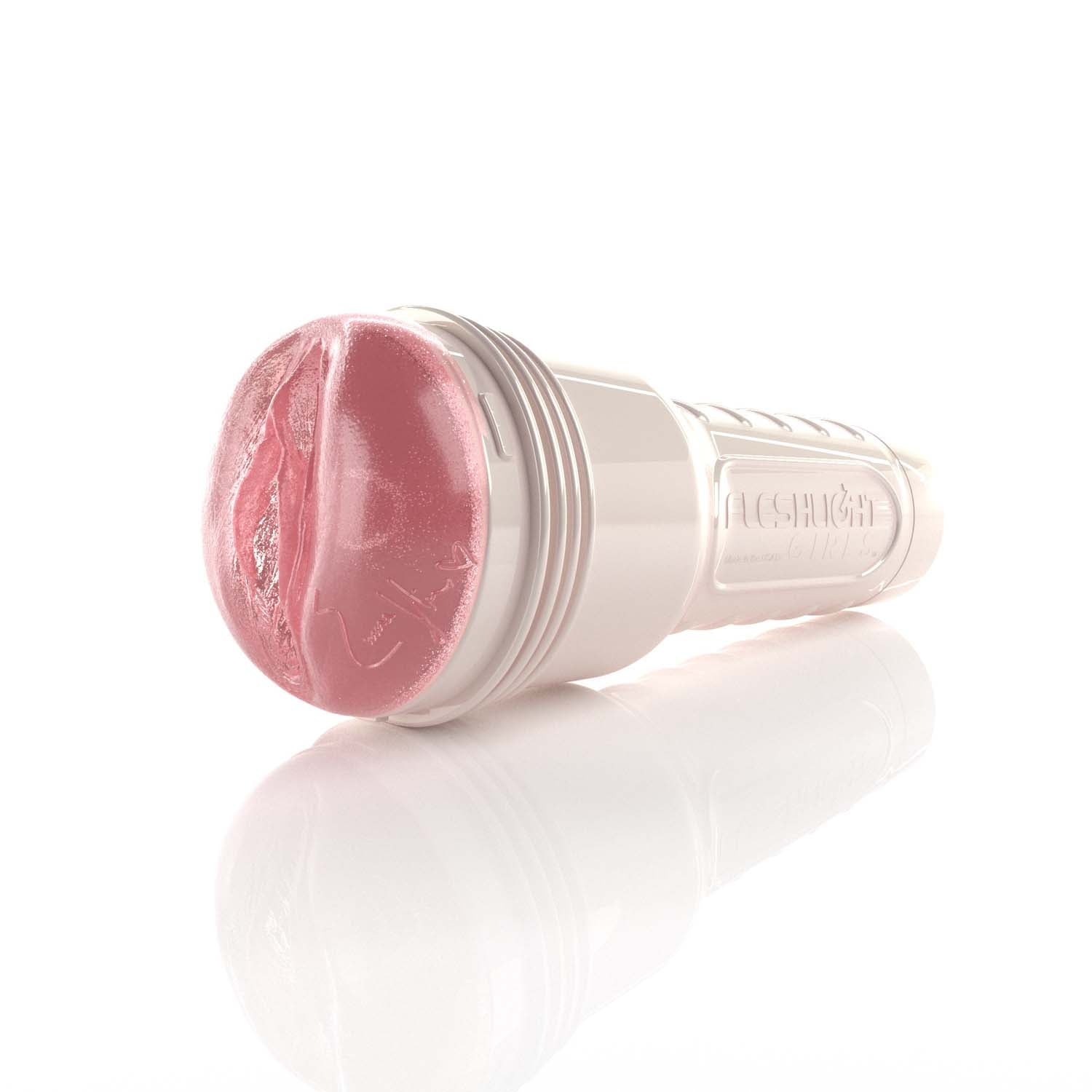 Angled shot of Emma Hix's Pink translucent sex toy in pearl case.