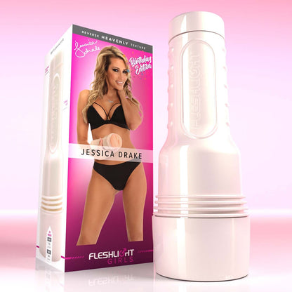 Jessica Drake in black lingerie on pink Birthday edition Fleshlight packaging with pearl case. 
